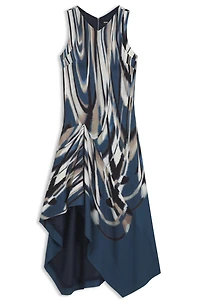 Printed-twill dress with asymmetric hemline