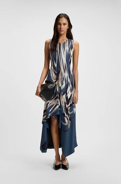 Printed-twill dress with asymmetric hemline