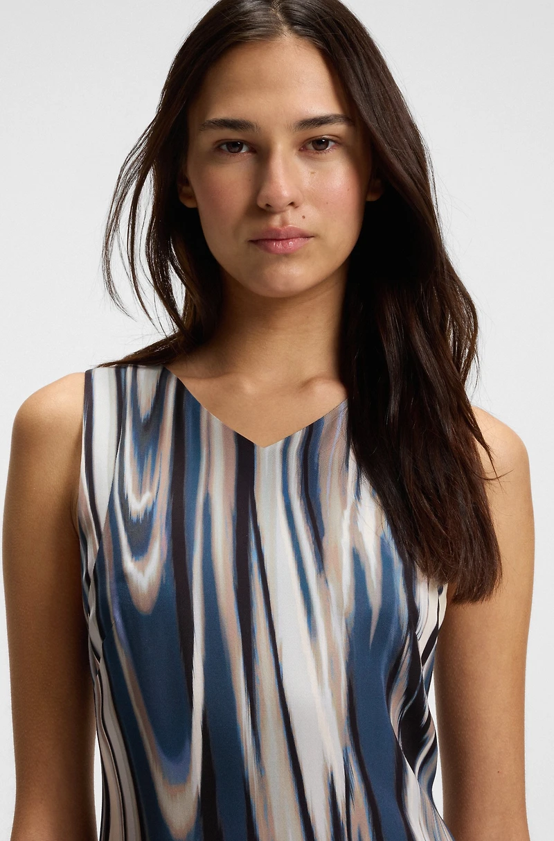 Printed-twill dress with asymmetric hemline