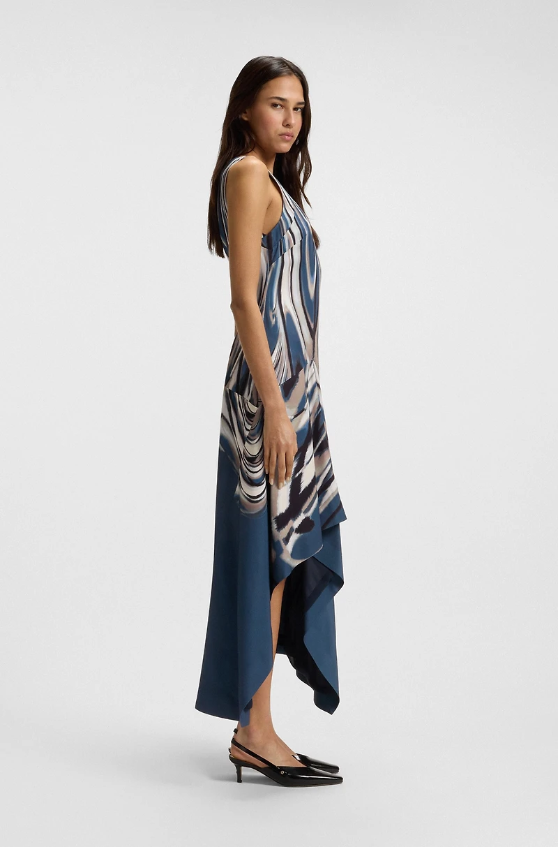 Printed-twill dress with asymmetric hemline