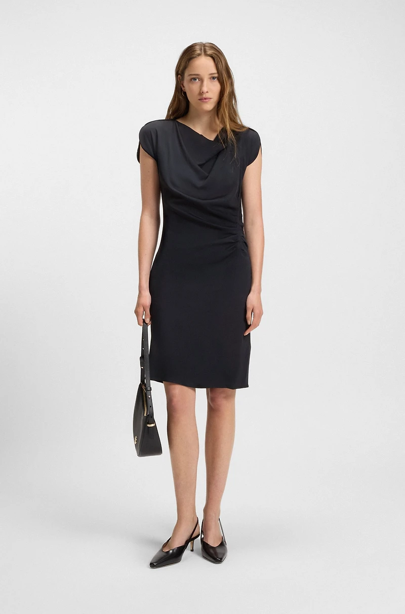 Drape-neckline dress with gathered detail