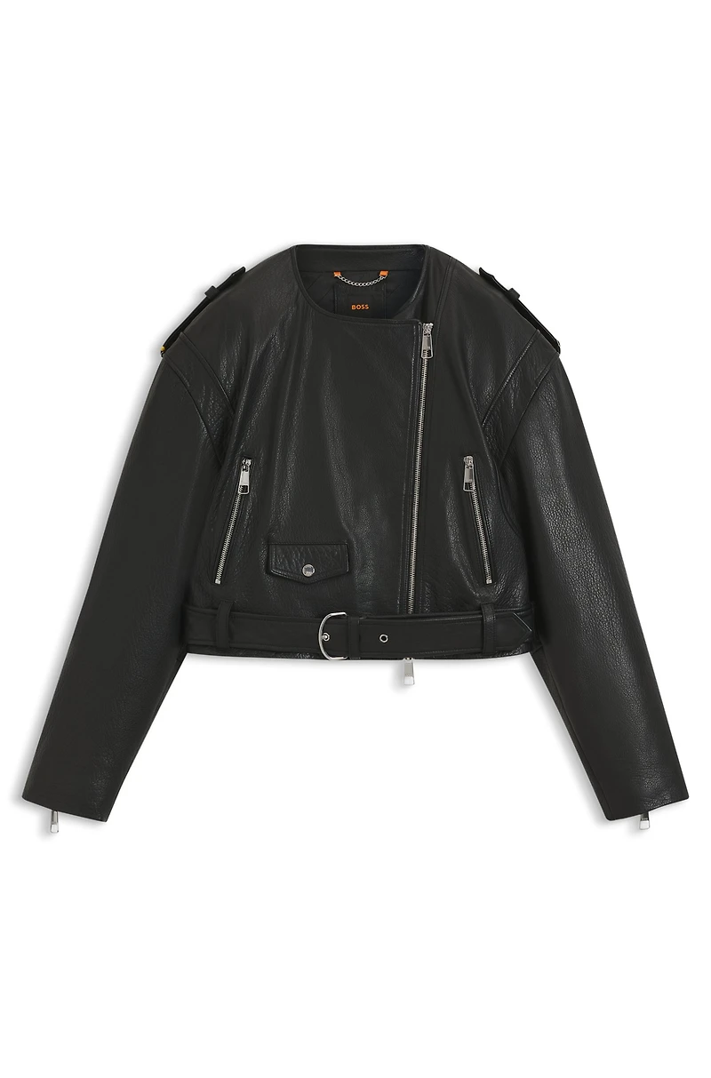 Grained-leather biker jacket with cropped length