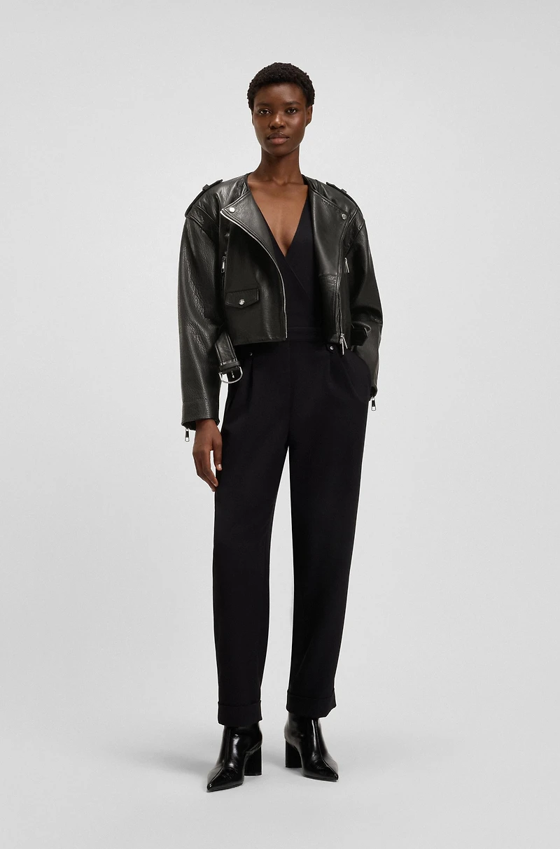 Grained-leather biker jacket with cropped length