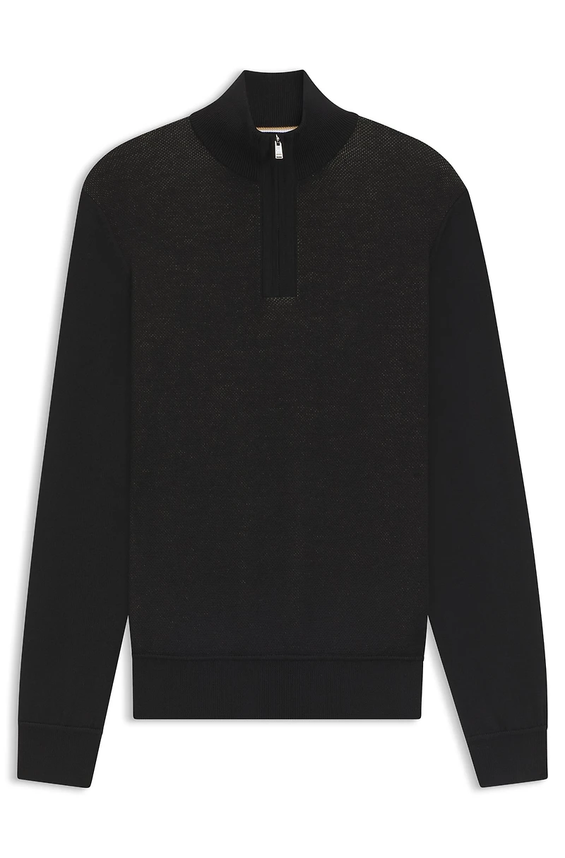 Zip-neck sweater with structured wool-cotton front