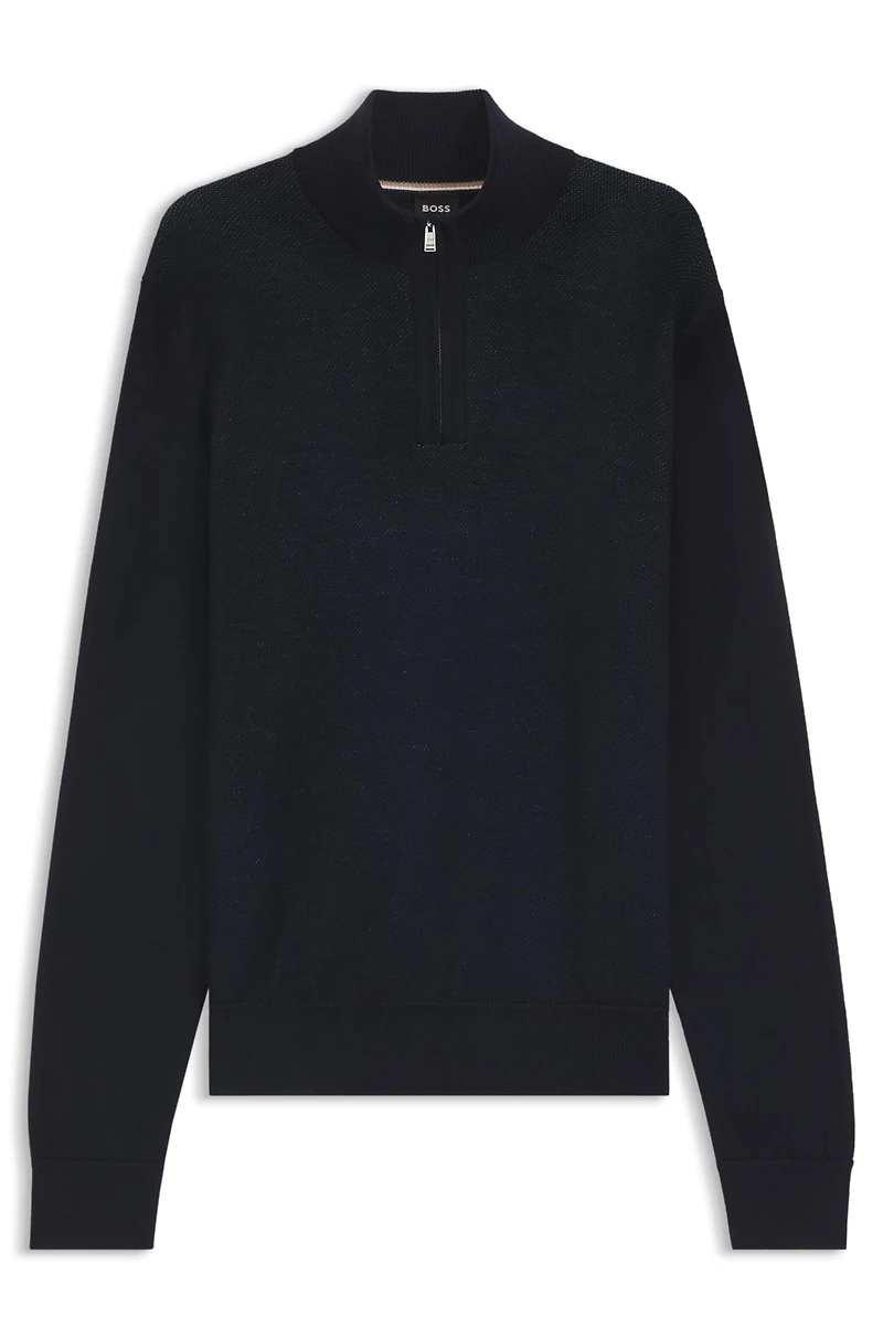 Zip-neck sweater with structured wool-cotton front