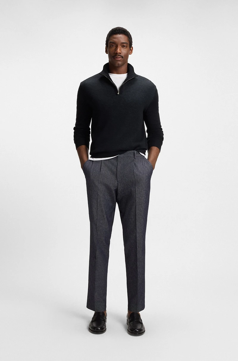 Zip-neck sweater with structured wool-cotton front