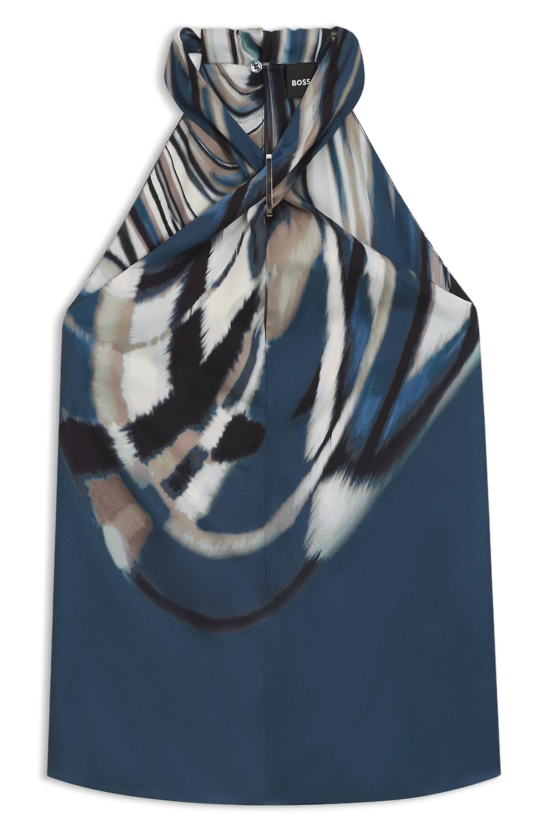 Tie-neckline top printed twill