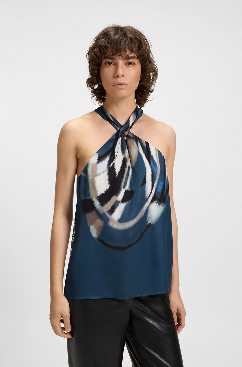 Tie-neckline top printed twill
