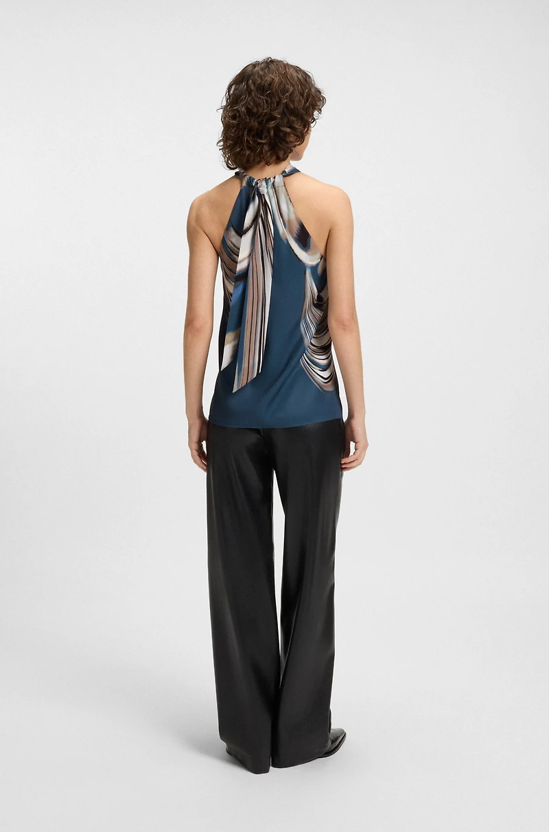 Tie-neckline top printed twill