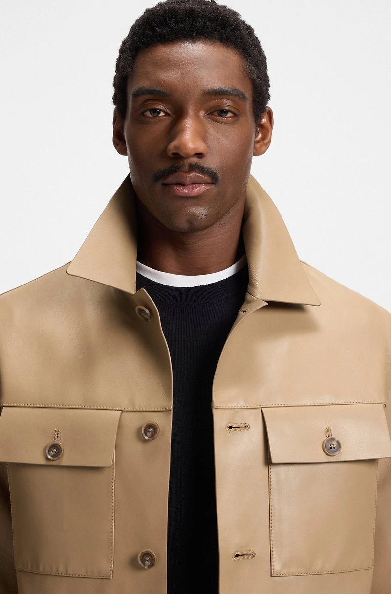 Flap-pocket leather jacket a shirt style