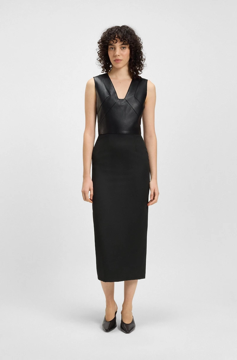 Virgin-wool dress with leather bodice
