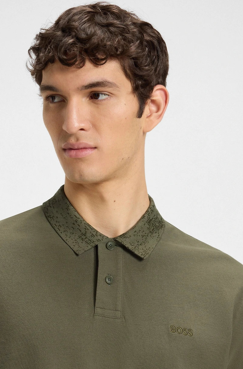 Cotton-piqué polo shirt with patterned collar