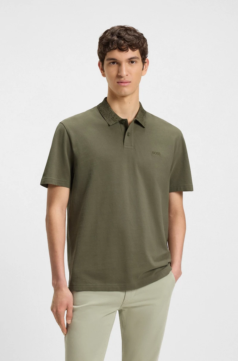 Cotton-piqué polo shirt with patterned collar