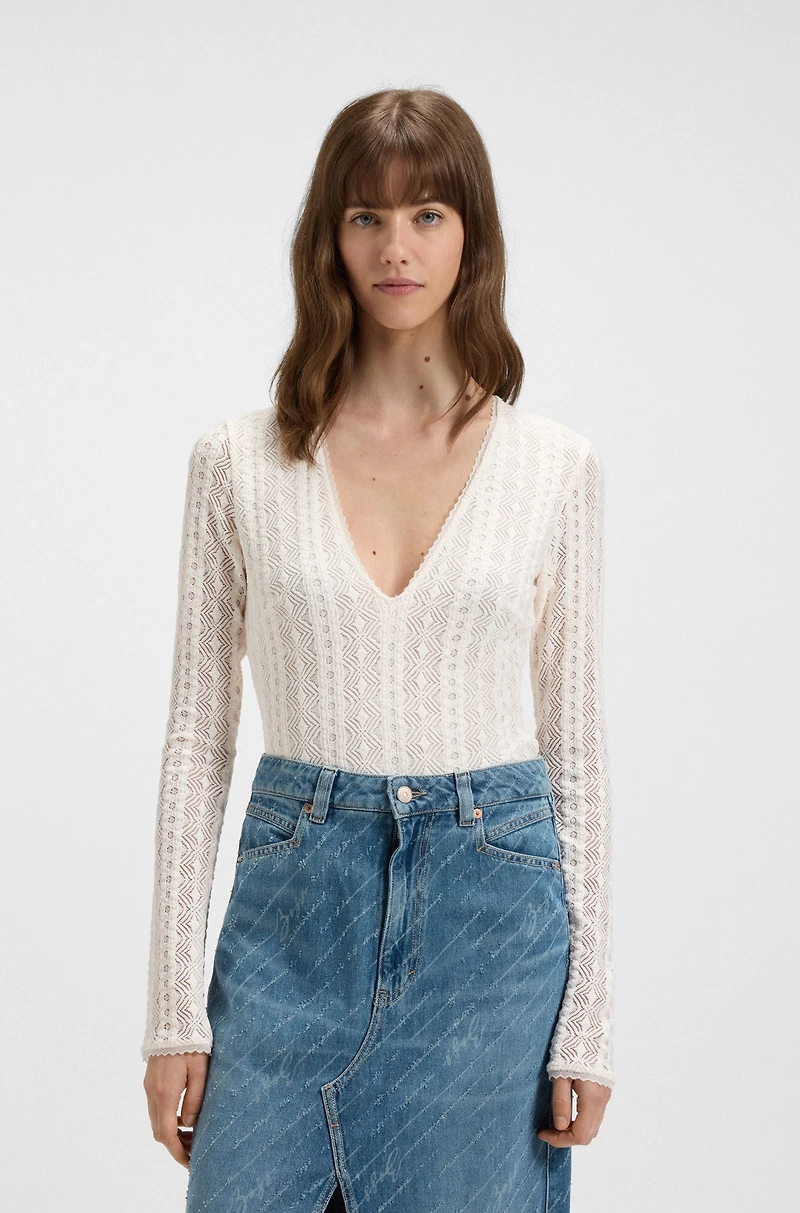 Embroidered-structure bodysuit with V neckline