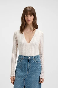 Embroidered-structure bodysuit with V neckline