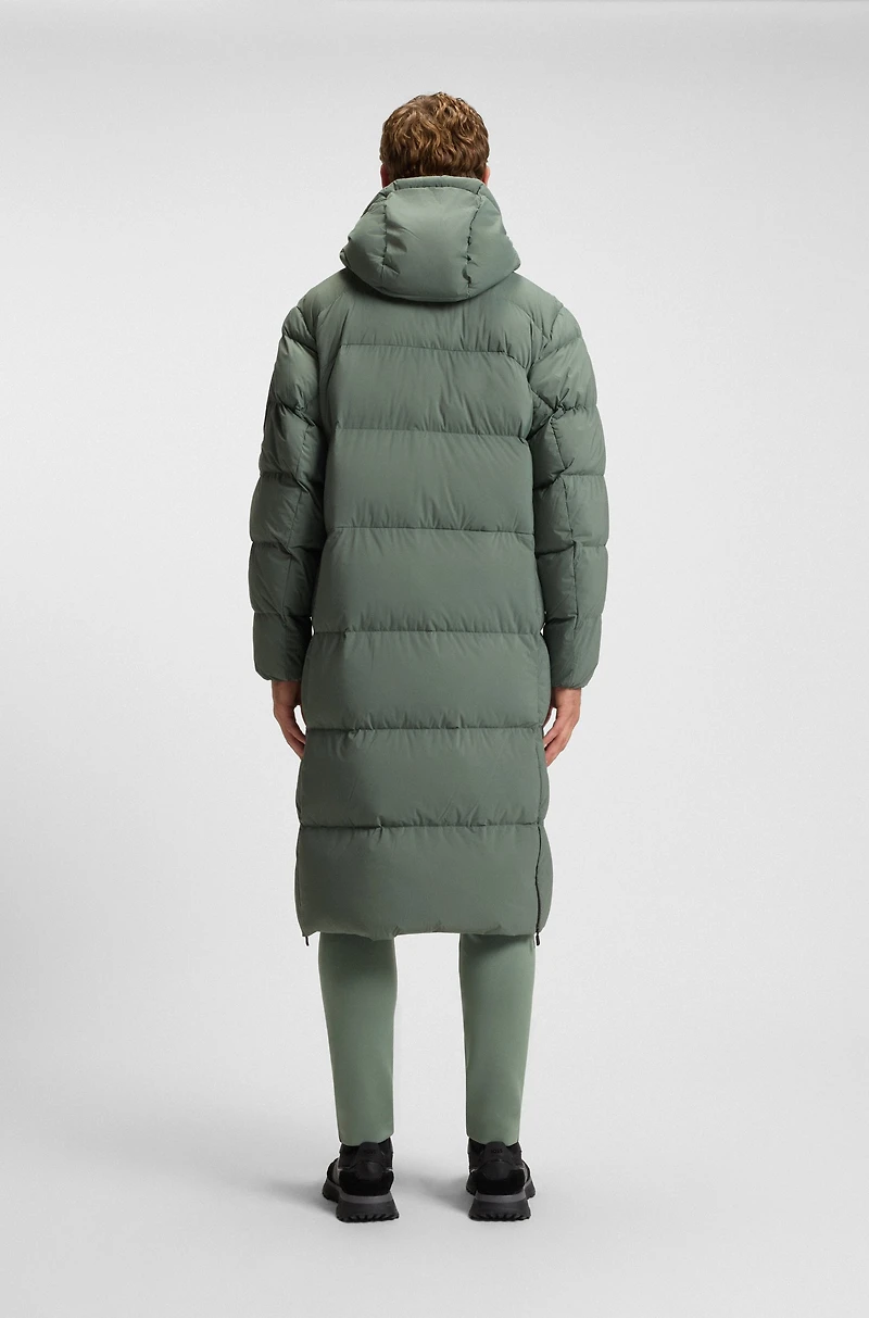 Down-filled long jacket with water-repellent finish