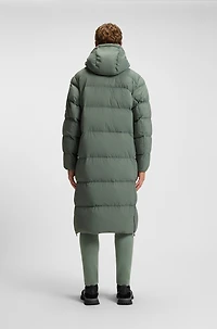 Down-filled long jacket with water-repellent finish
