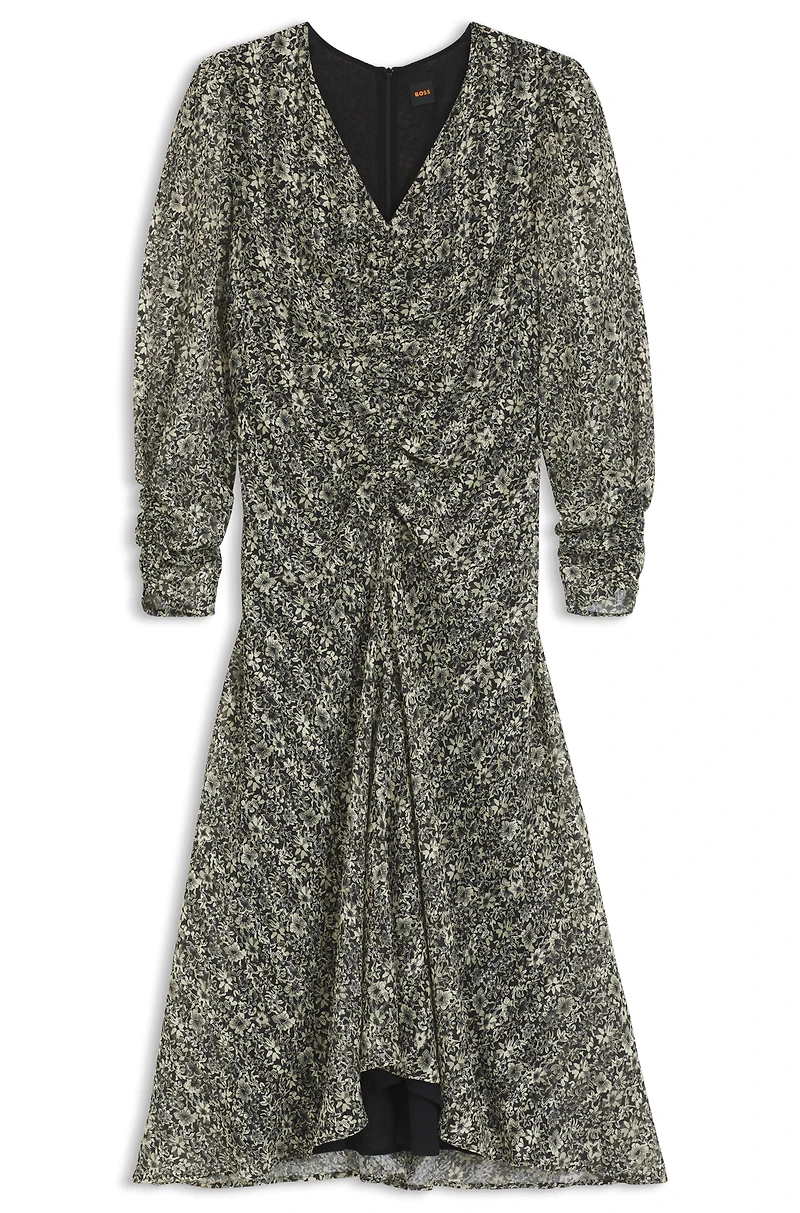 Printed-seersucker midi dress with gathered details