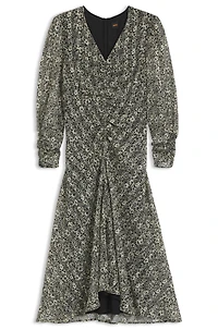 Printed-seersucker midi dress with gathered details