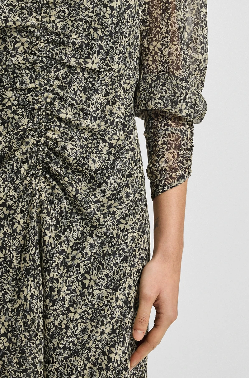 Printed-seersucker midi dress with gathered details