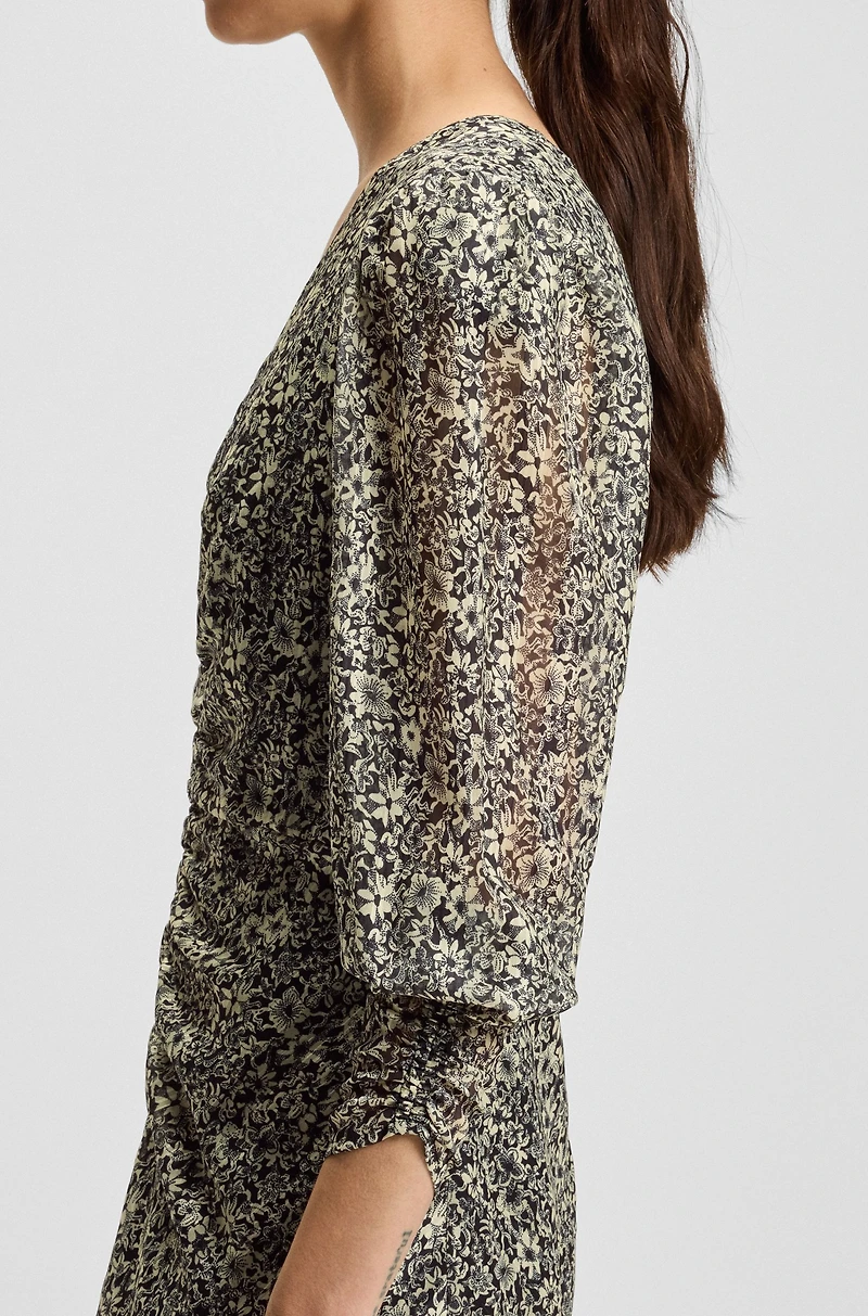 Printed-seersucker midi dress with gathered details