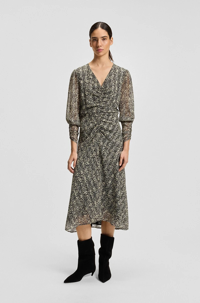 Printed-seersucker midi dress with gathered details