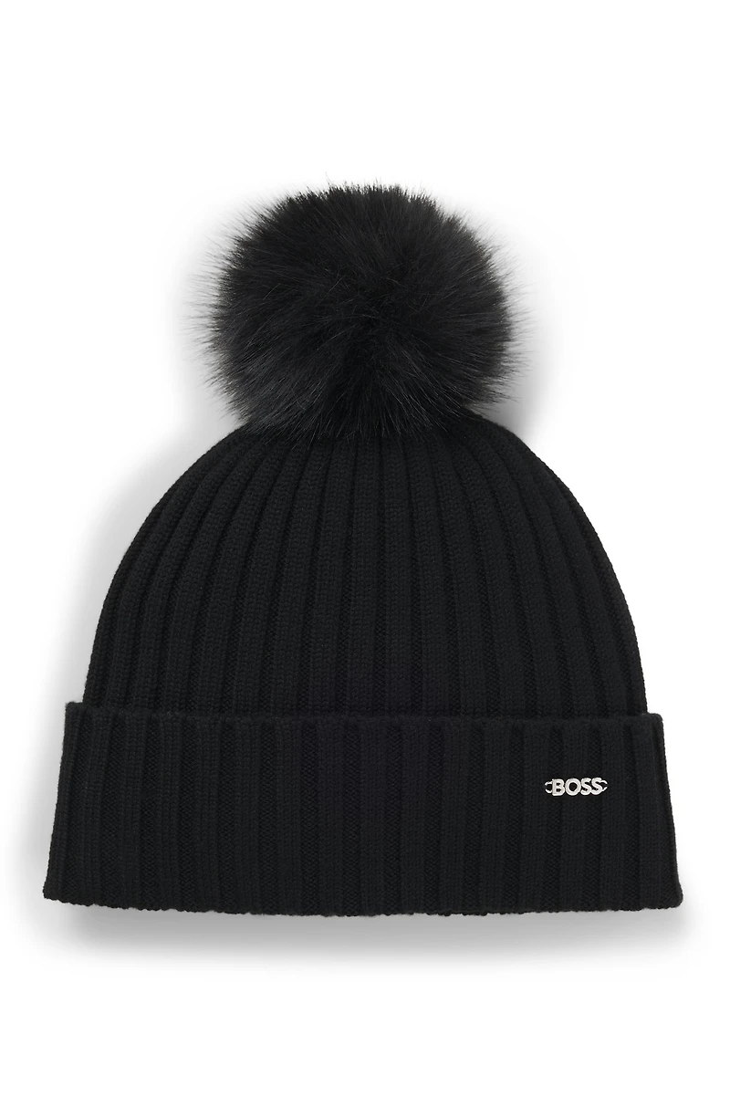Virgin-wool beanie hat with faux-fur pom pom