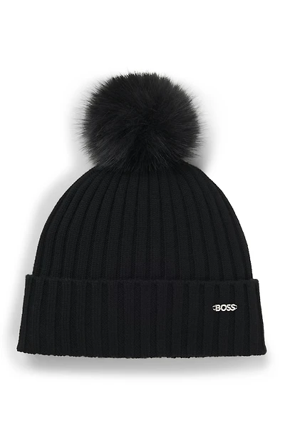 Virgin-wool beanie hat with faux-fur pom pom