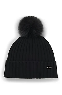 Virgin-wool beanie hat with faux-fur pom pom