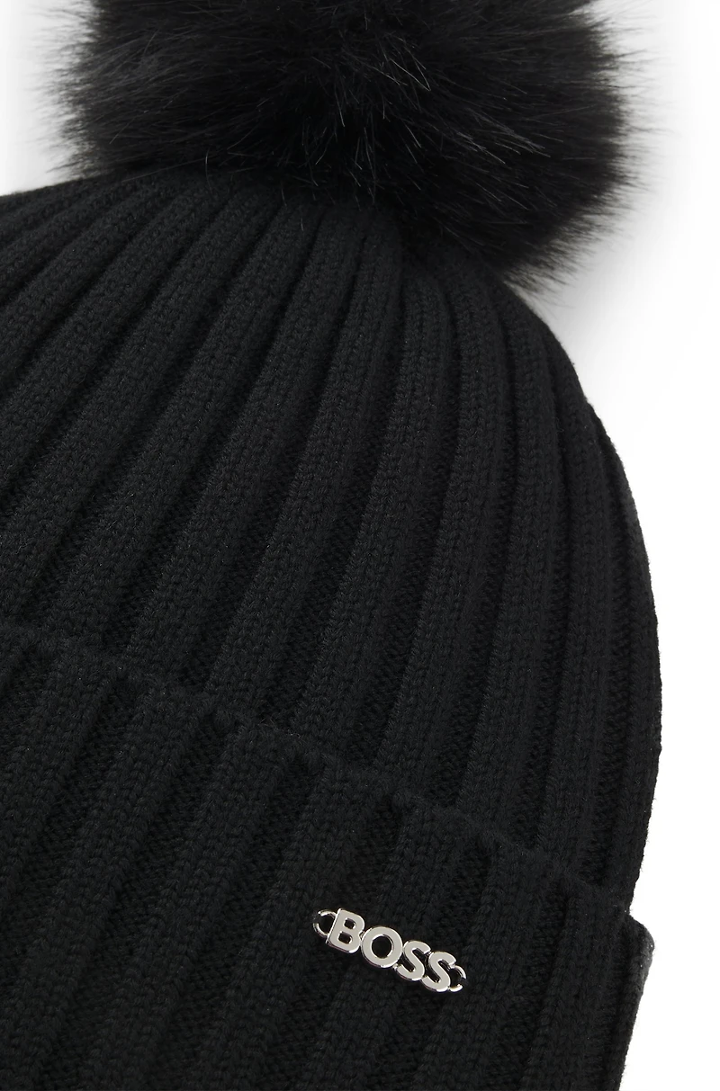 Virgin-wool beanie hat with faux-fur pom pom
