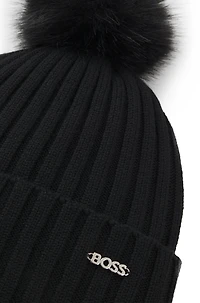 Virgin-wool beanie hat with faux-fur pom pom