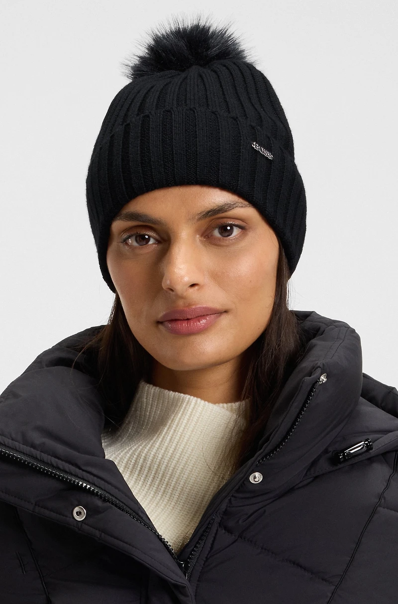 Virgin-wool beanie hat with faux-fur pom pom