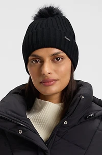 Virgin-wool beanie hat with faux-fur pom pom
