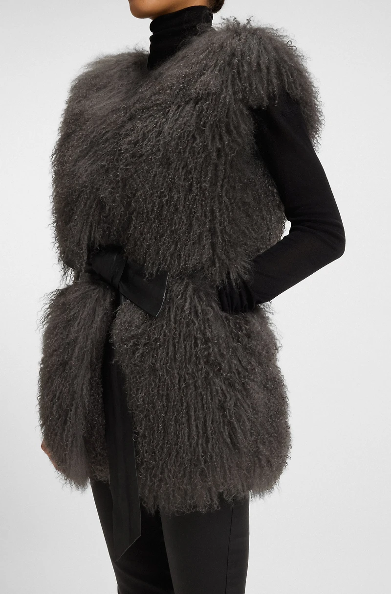 Mongolian-shearling gilet with detachable leather belt