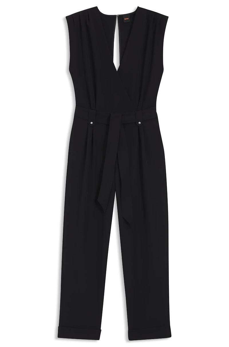 Wrap-front jumpsuit with hardware snaps
