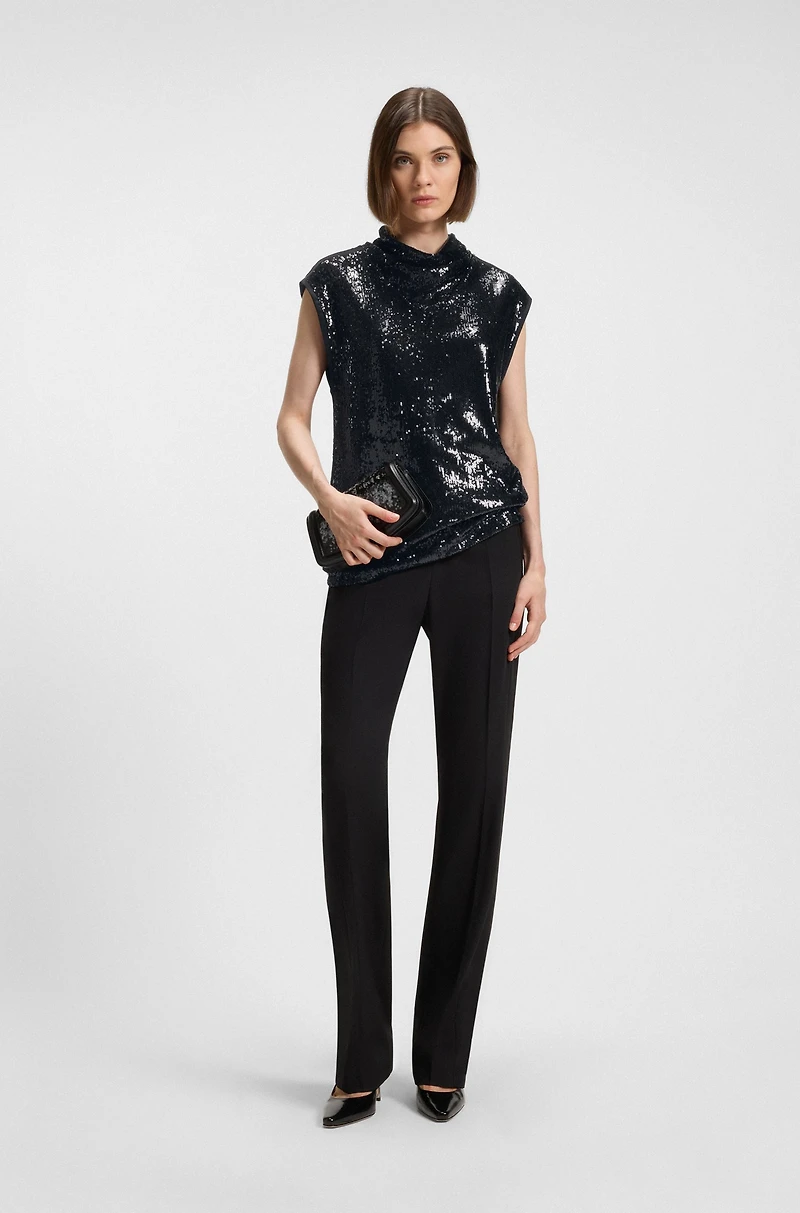Sequin top with draped funnel neckline