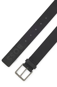 Italian-leather belt with stripe pattern and logo