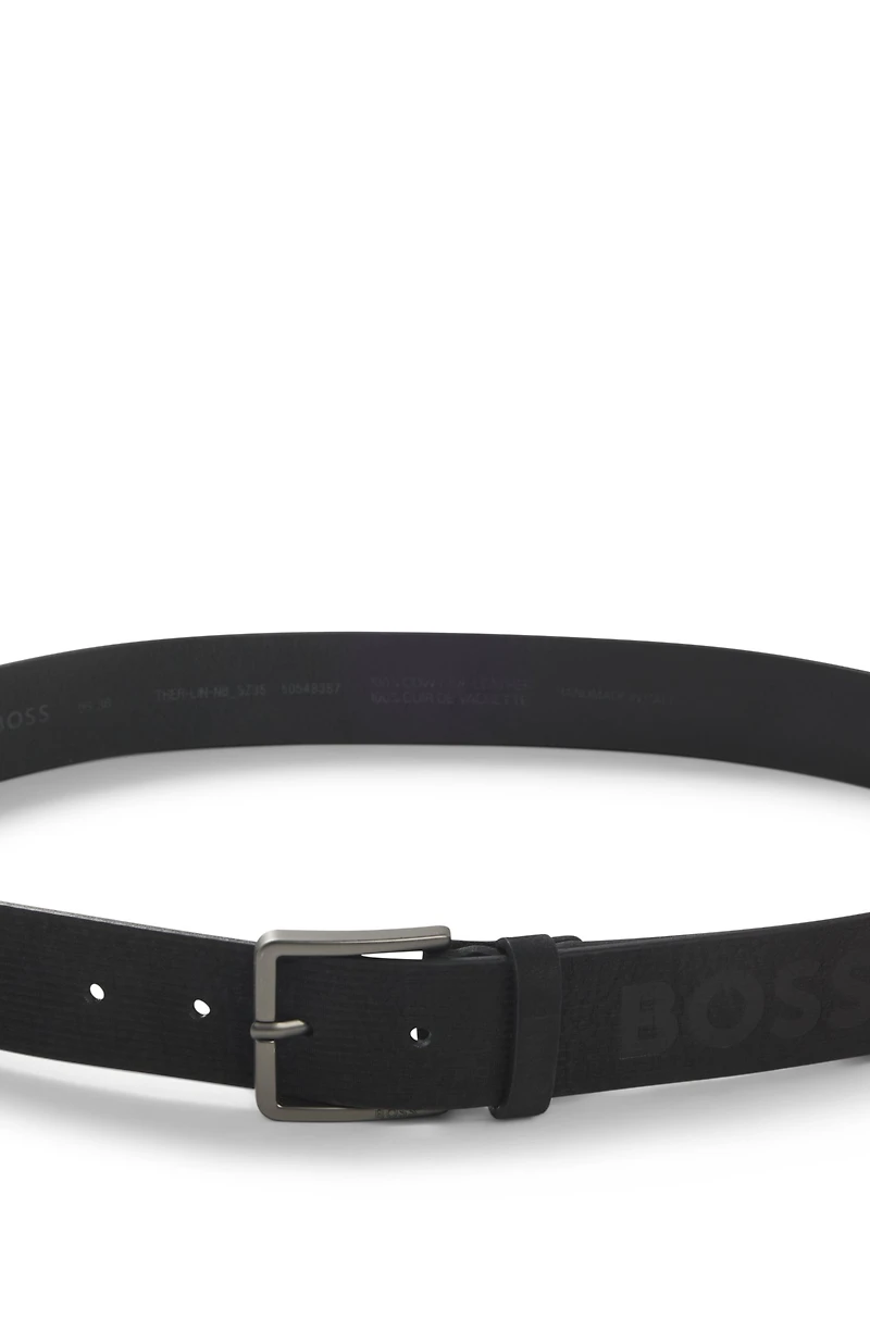 Italian-leather belt with stripe pattern and logo