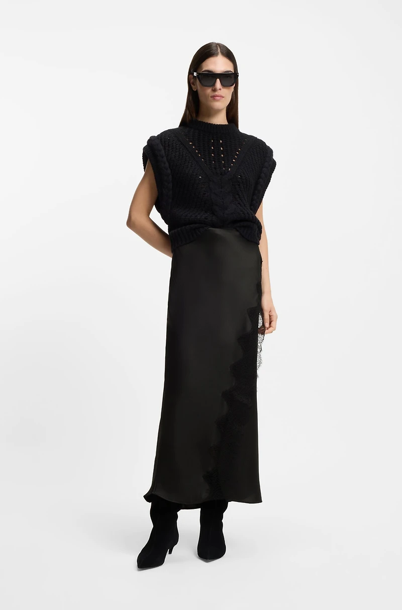 Lace-trim maxi skirt with wrap front