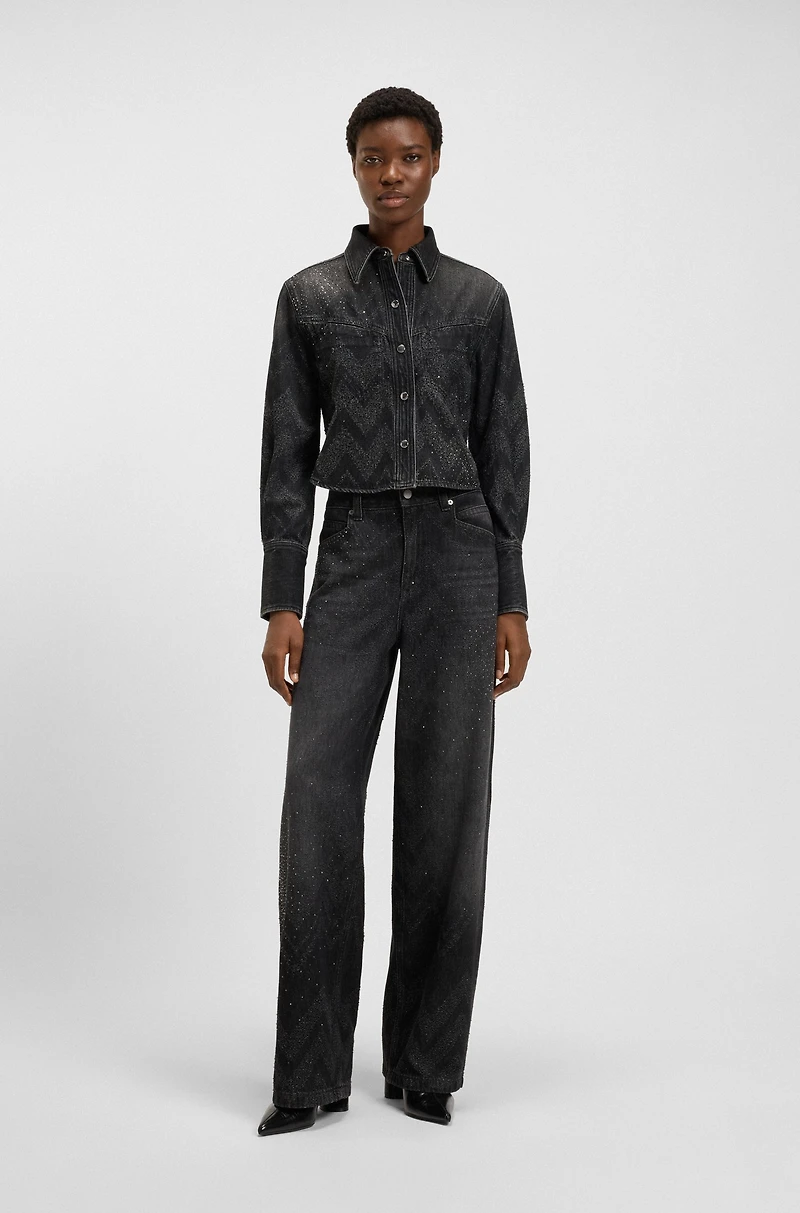Cropped blouse crystal-embellished denim