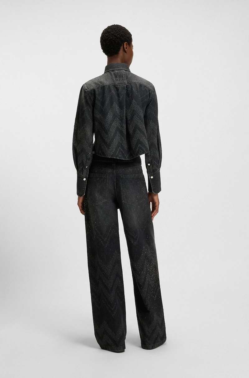 Cropped blouse crystal-embellished denim