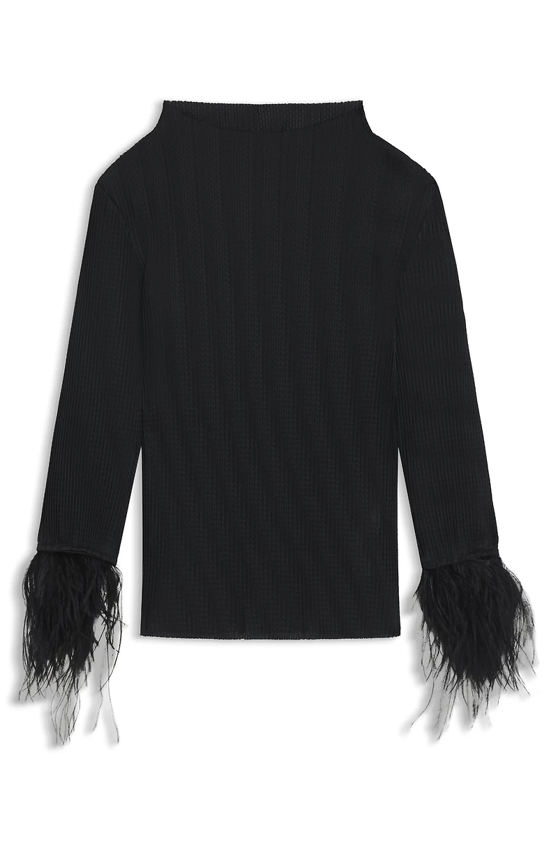 Plissé top with detachable feather cuff trims