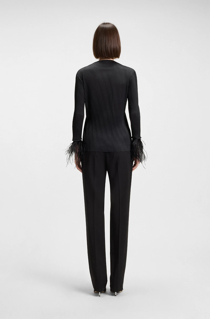 Plissé top with detachable feather cuff trims