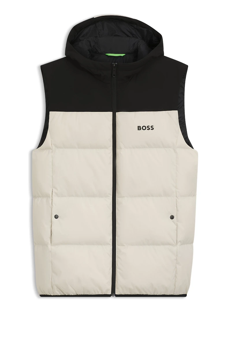 Down-filled gilet with water-repellent finish