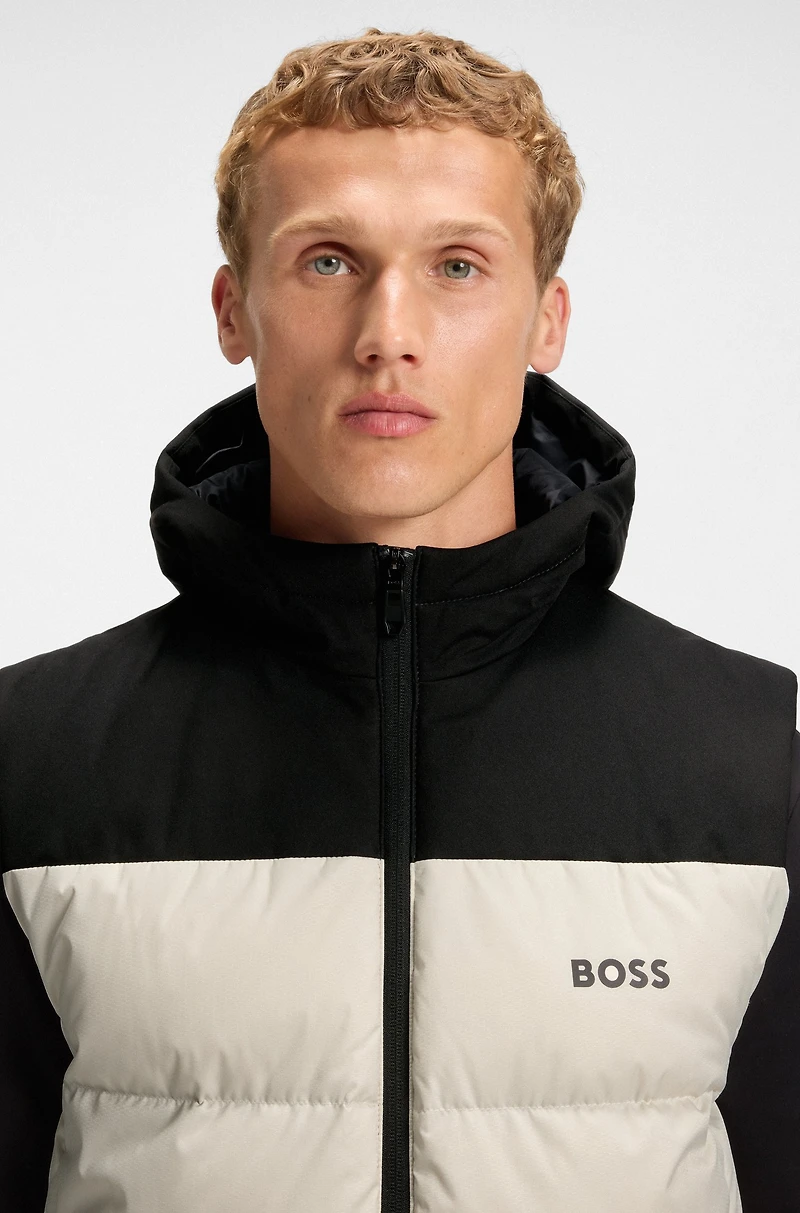 Down-filled gilet with water-repellent finish