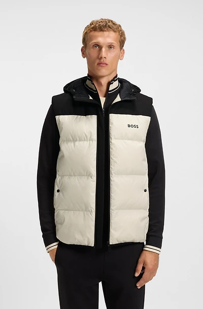 Down-filled gilet with water-repellent finish