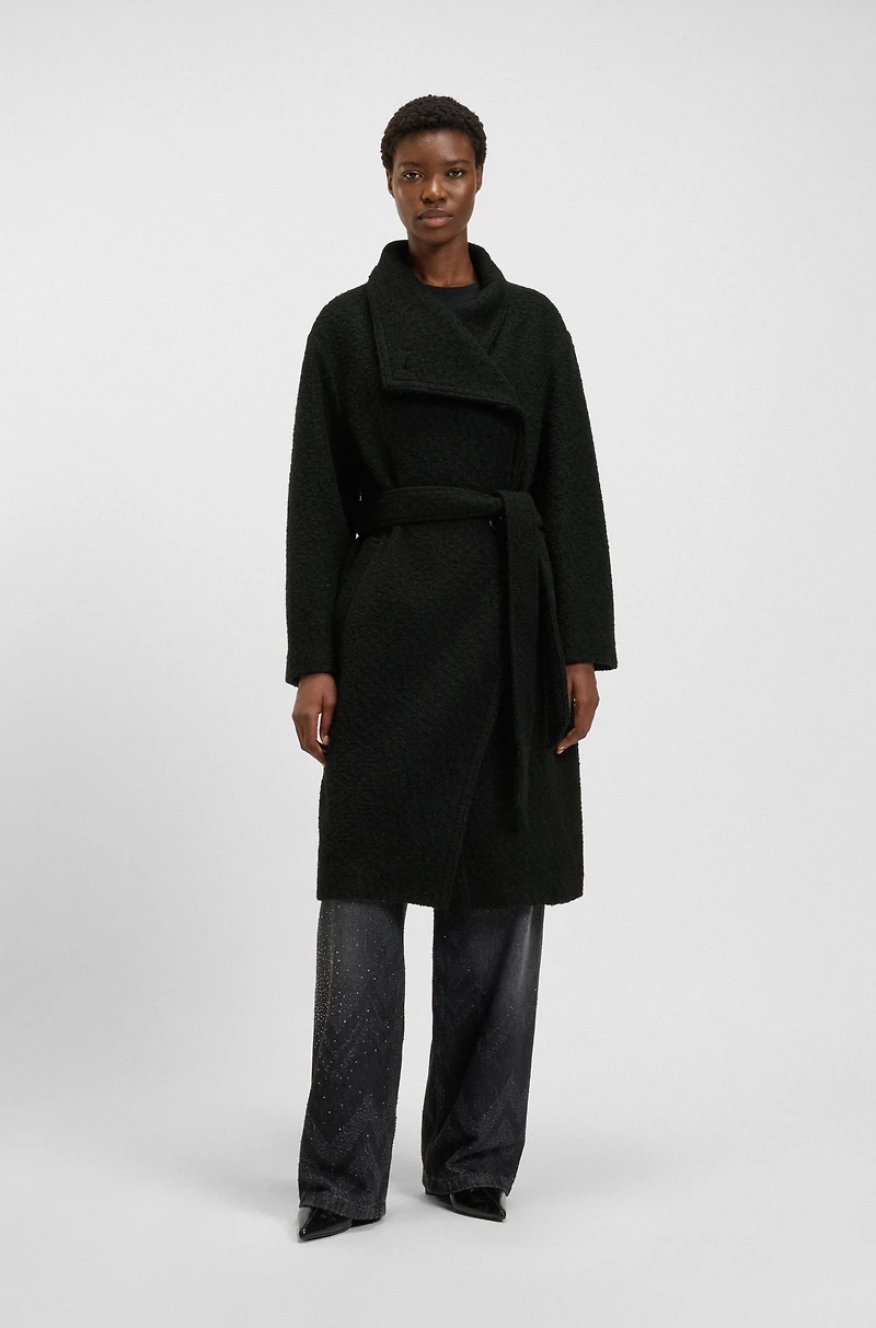Bouclé coat with stand collar and belt