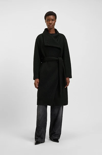 Bouclé coat with stand collar and belt