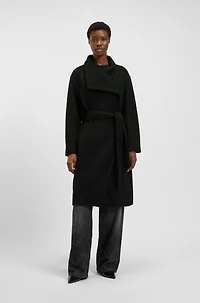 Bouclé coat with stand collar and belt