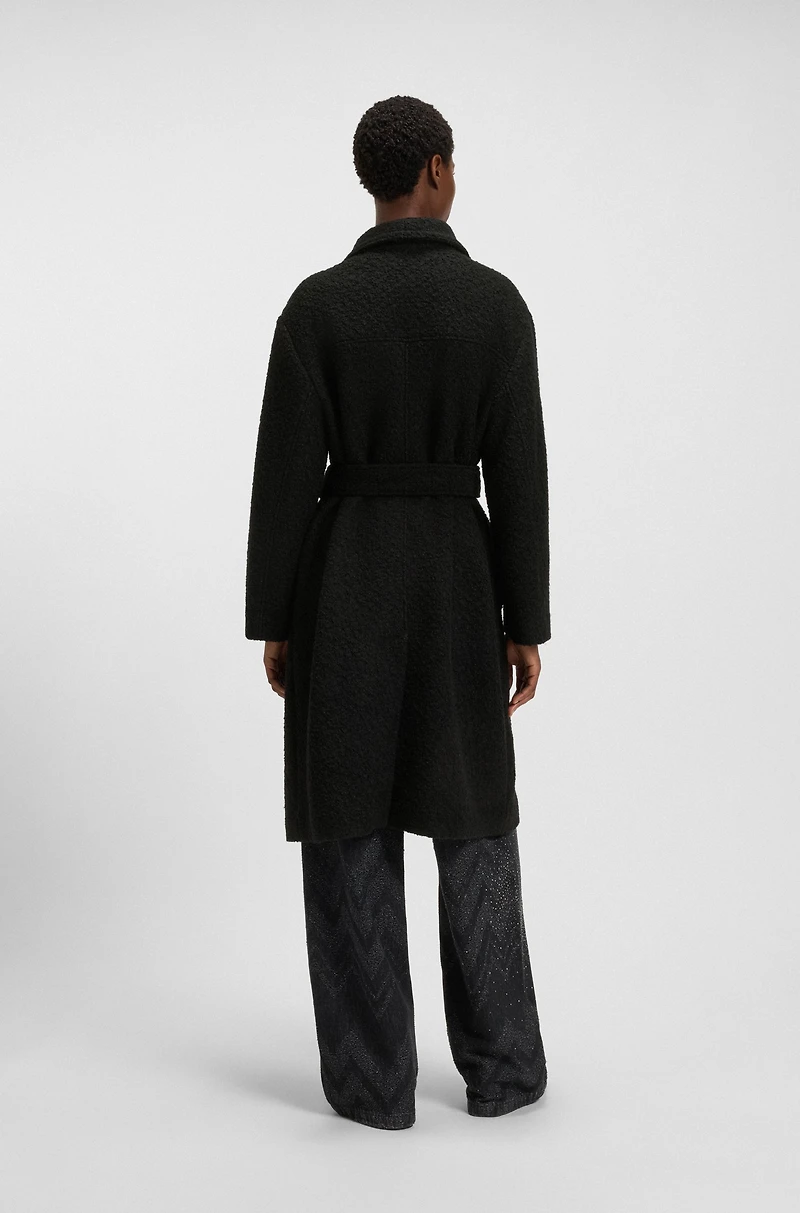 Bouclé coat with stand collar and belt